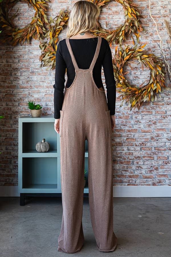 Rib Knit Wide Leg Overall Jumpsuit