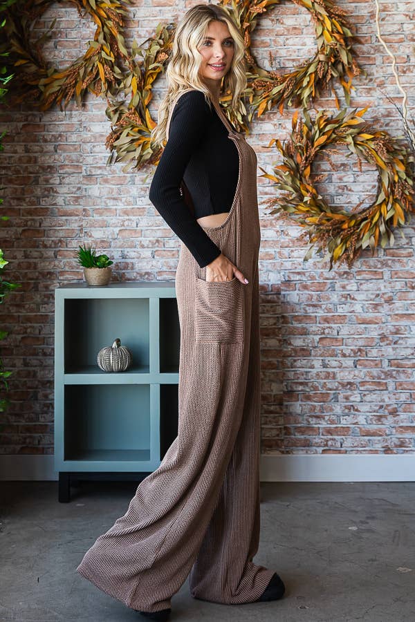 Rib Knit Wide Leg Overall Jumpsuit