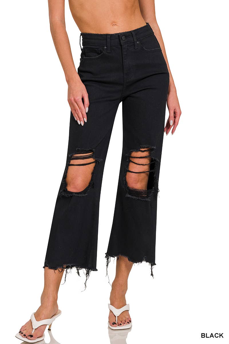 Distressed Knee Flare Crop High Waisted Pants