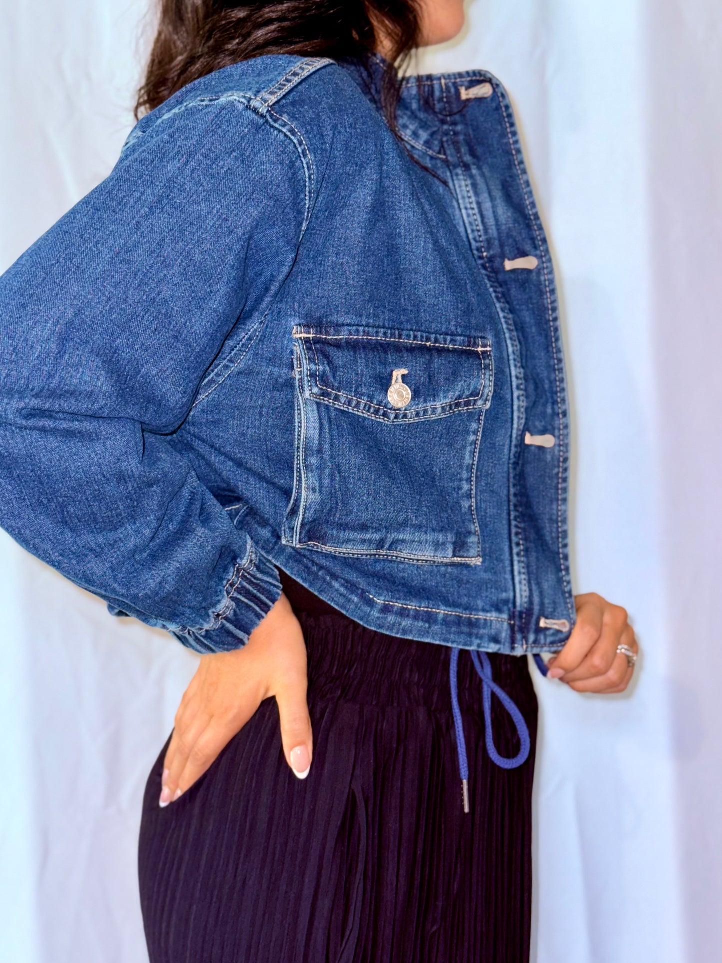 Utility Cropped Drawstring Hem Stand Collar Denim Jacket