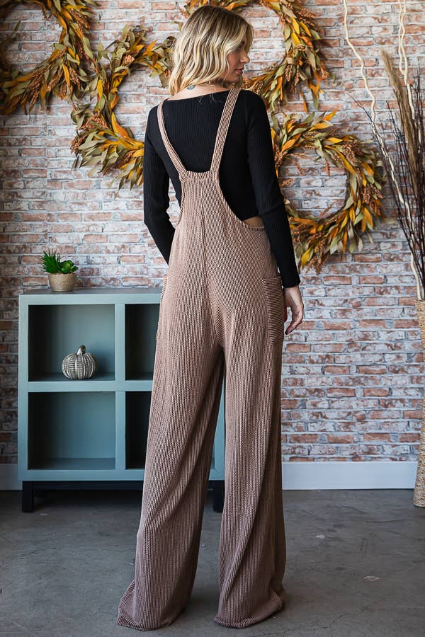 Rib Knit Wide Leg Overall Jumpsuit