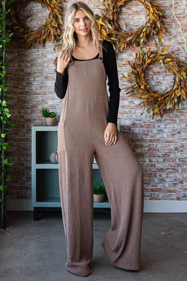 Rib Knit Wide Leg Overall Jumpsuit