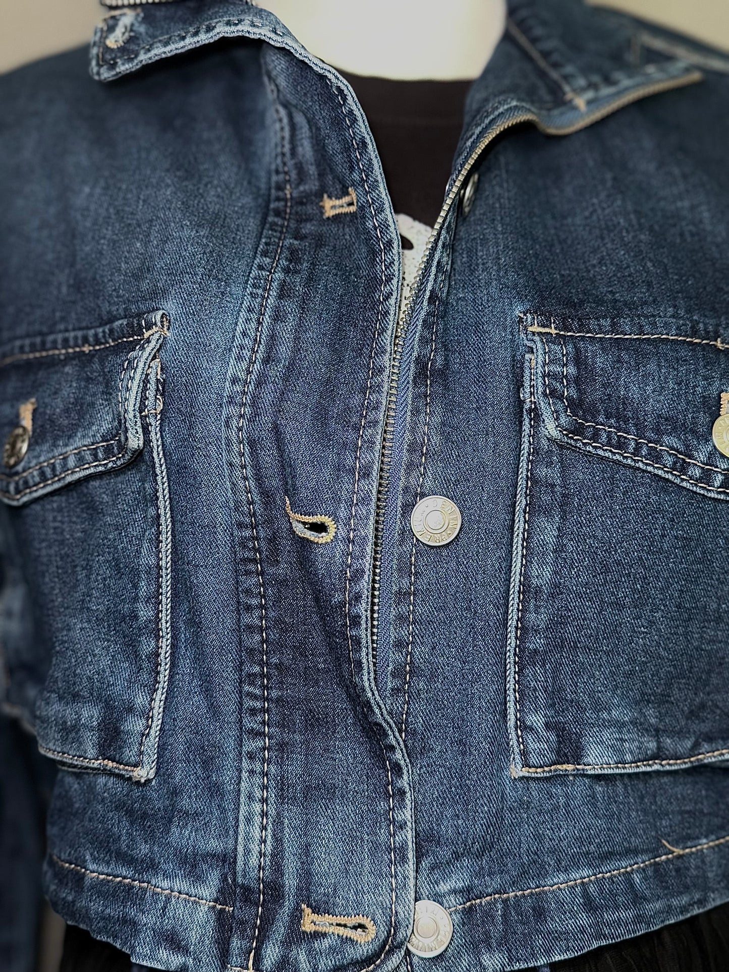 Utility Cropped Drawstring Hem Stand Collar Denim Jacket