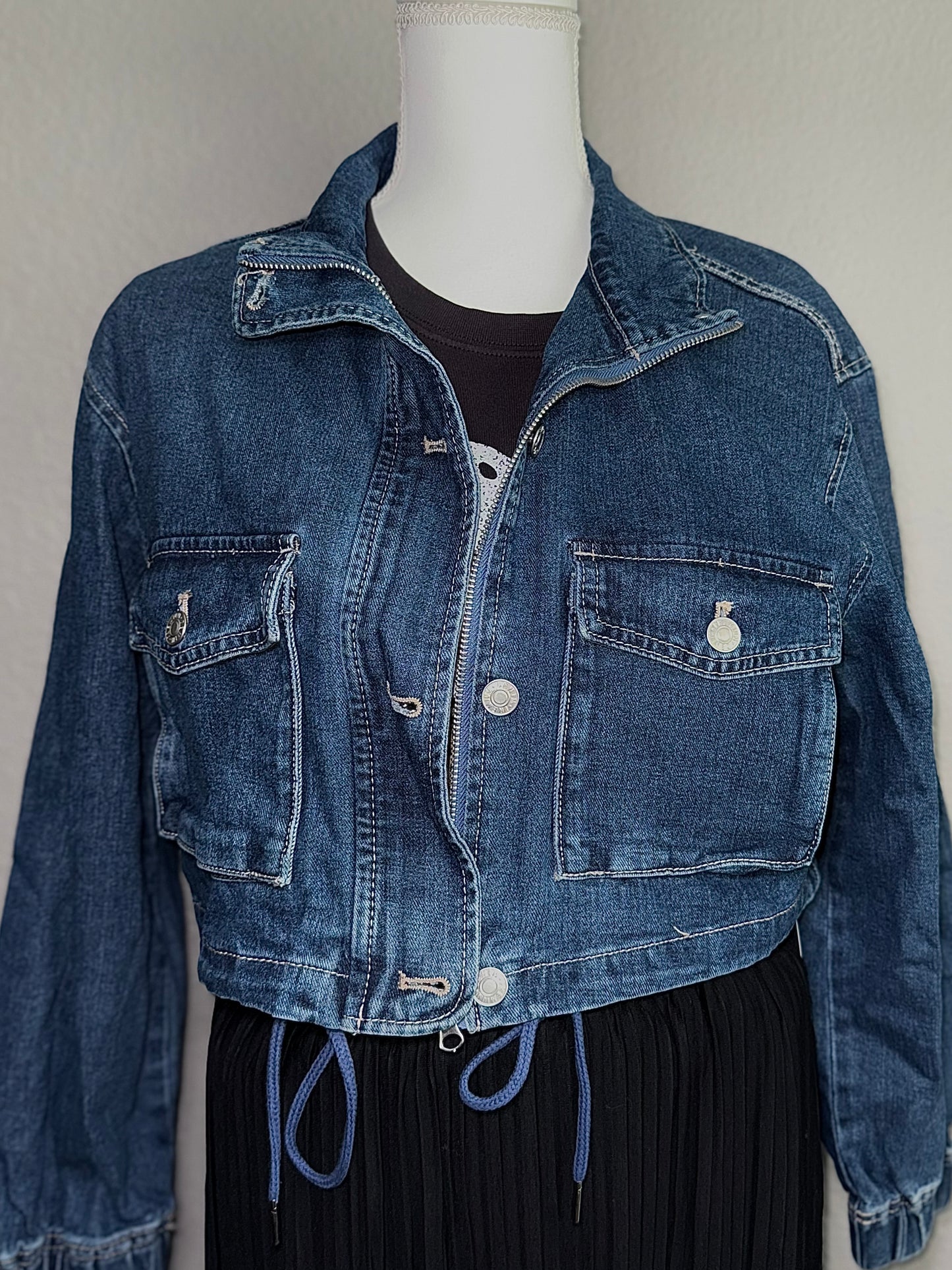 Utility Cropped Drawstring Hem Stand Collar Denim Jacket
