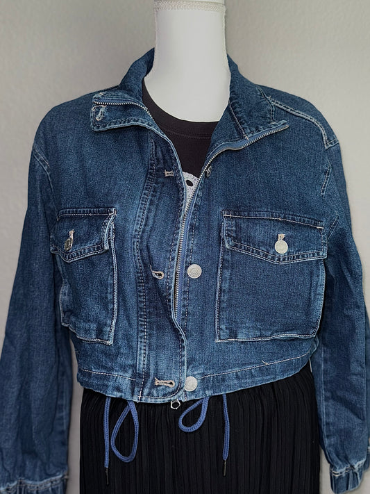 Utility Cropped Drawstring Hem Stand Collar Denim Jacket