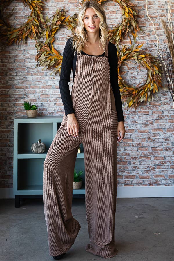 Rib Knit Wide Leg Overall Jumpsuit